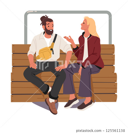 Man and woman cartoon friends or colleague characters talking while sitting on bench outdoors Man and woman cartoon friends or colleague characters talking while sitting on bench outdoors 125561138