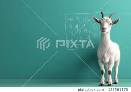 Goat demonstrates math skills by writing equations on a blackboard with chalk 125561176
