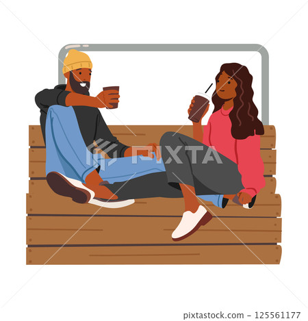 Happy romantic couple cartoon characters resting together sitting on wooden bench outdoors 125561177