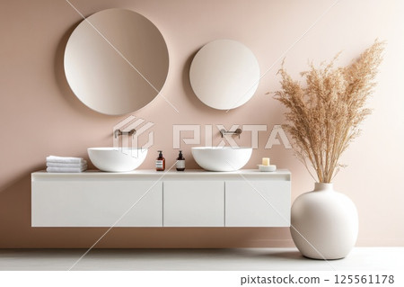 Modern bright bathroom design with floating vanity and large mirrors in soft pastel tones 125561178