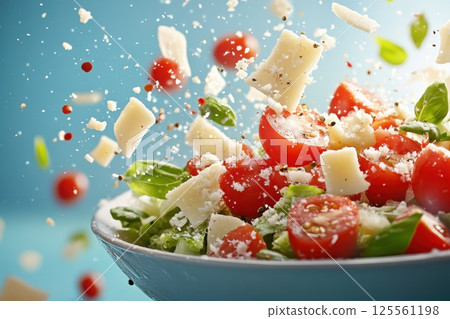 Delicious parmesan cheese falling onto fresh Caesar salad with bright background 125561198