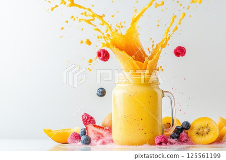 Smoothie splashes energetically into mason jar surrounded by fresh fruits on bright background 125561199