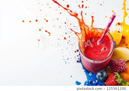 Bright and colorful smoothie pouring into a glass with fresh fruit splashes in dynamic setup 125561200