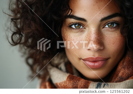 Model wearing a luxurious scarf with natural lighting and a neutral background 125561202