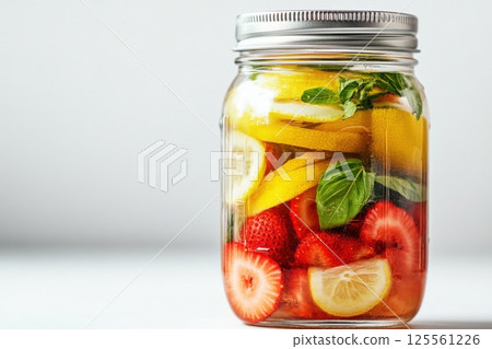 Infused water in a mason jar with strawberries lemons and basil against a white background 125561226