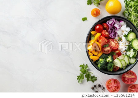 Colorful poke bowl with fresh vegetables and fish on a white marble surface 125561234