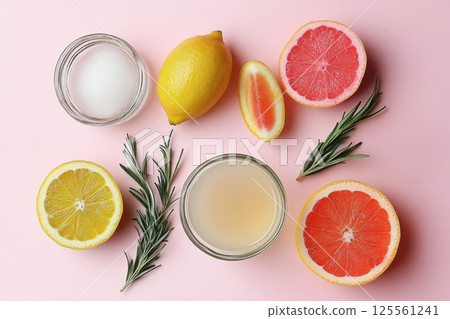 Colorful cocktail ingredients arranged on pink background for vibrant drink preparation 125561241