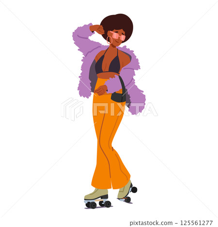 Disco woman cartoon character wearing retro styled outfit styled roller skating isolated on white Disco woman cartoon character wearing retro styled outfit styled roller skating isolated on white 125561277