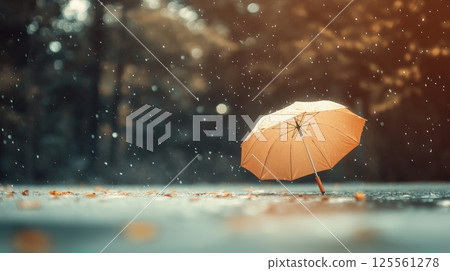 Rain falling on wet ground, creating puddles among fallen leaves, with an orange umbrella standing prominently. Trees in the background blur softly, enhancing the autumnal atmosphere 125561278