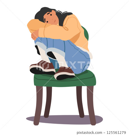Attractive young woman cartoon character sitting on old-fashioned wooden chair with legs up 125561279