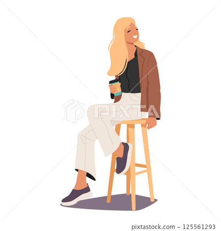Elegant stylish young woman cartoon character smiling drinking coffee while sitting on bar stool Elegant stylish young woman cartoon character smiling drinking coffee while sitting on bar stool 125561293