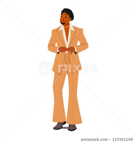 Elegant African American man cartoon character wearing fashionable retro clothes from 1980s 125561299