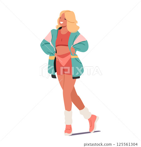 Pretty young woman cartoon character wearing clothing from 80s isolated on white background 125561304