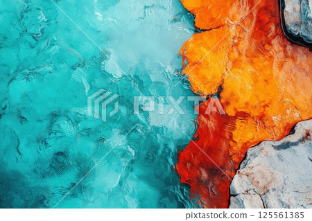 Overhead view of rippling water reflecting light and vibrant colors in an abstract pattern 125561385