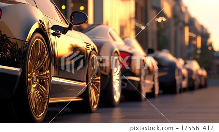 Several high end vehicles are parked closely together on a city street, their polished surfaces mirroring the warm hues of the setting sun, creating a scene of opulence and urban sophistication 125561412
