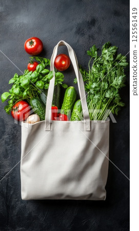 Fresh vegetables and herbs creatively arranged in tote bag contour on textured background 125561419