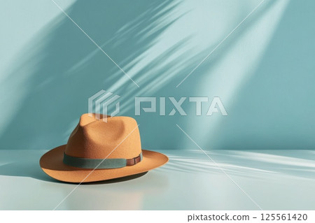 Stylish wide brimmed hat resting on clean surface with minimalistic backdrop 125561420