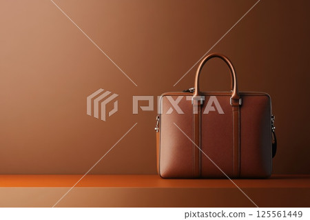 Sleek leather bag with polished surface and elegant silver hardware on a minimalist display 125561449