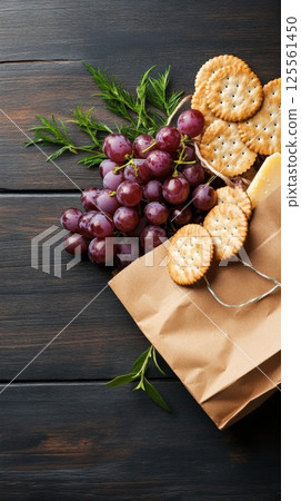 Unique reusable shopping bag crafted from cheese crackers and wine grapes on a dark wood background 125561450