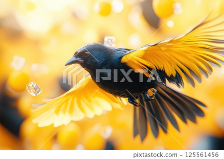 Dynamic splash of vibrant orange juice captures the essence of refreshment with flying oranges Dynamic splash of vibrant orange juice captures the essence of refreshment with flying oranges 125561456