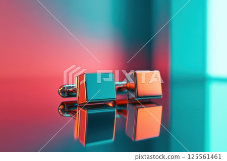 Sophisticated minimalist cufflinks on reflective surface with modern lighting 125561461