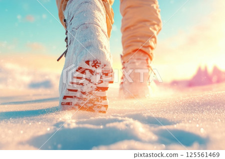 Winter adventure in thick snow with snow boots leaving footprints behind Winter adventure in thick snow with snow boots leaving footprints behind 125561469