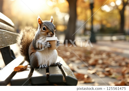 Squirrel relaxing on a park bench enjoying a tiny cup of coffee in autumn Squirrel relaxing on a park bench enjoying a tiny cup of coffee in autumn 125561475