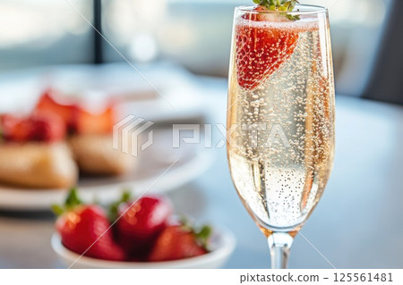 Enjoying sparkling champagne with a strawberry garnish on a bright elegant table setting 125561481