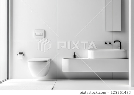 Minimalist bathroom design with wall hung toilet and floating vanity in bright white 125561483