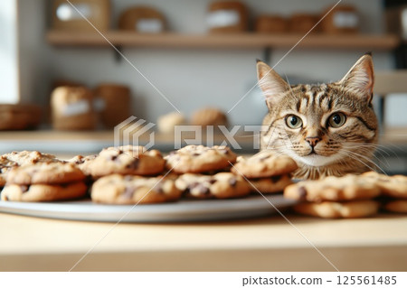 Cat behind bakery counter presenting a tray of delicious freshly baked cookies 125561485