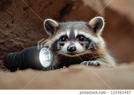 Raccoon with flashlight sneaks around in the night under a starlit sky 125561487