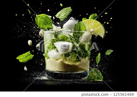 Mojito glass with ingredients explosively bursting in the air creating a festive moment 125561489