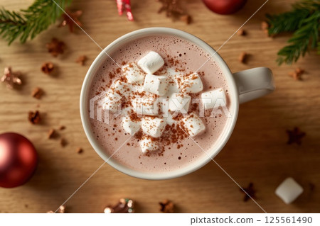 Cozy flat lay of hot chocolate topped with marshmallows and festive decorations on wooden surface 125561490