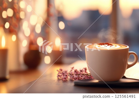 Steaming coffee cup with latte art in a cozy cafe during sunset Steaming coffee cup with latte art in a cozy cafe during sunset 125561491