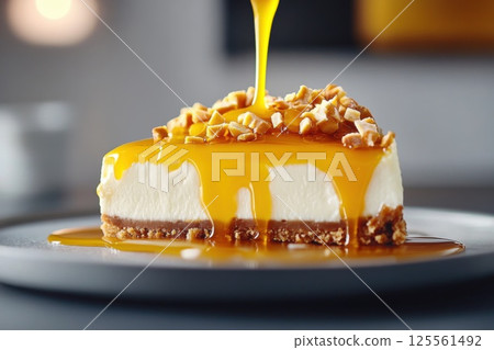 Caramel cascading onto creamy cheesecake with crunchy toppings in a cozy setting Caramel cascading onto creamy cheesecake with crunchy toppings in a cozy setting 125561492