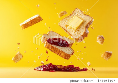 Flying bread slices with butter and jam create a colorful culinary spectacle in mid air Flying bread slices with butter and jam create a colorful culinary spectacle in mid air 125561497