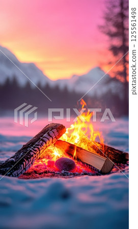 Glowing campfire amidst snowy tundra under a vibrant sky at dusk 125561498