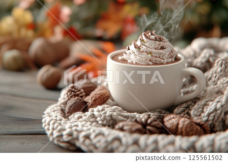 Cozy hot chocolate with whipped cream on a knitted surface among autumn decorations 125561502