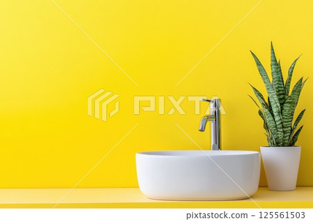 Bright and cheerful bathroom with yellow accent wall and stylish sink 125561503