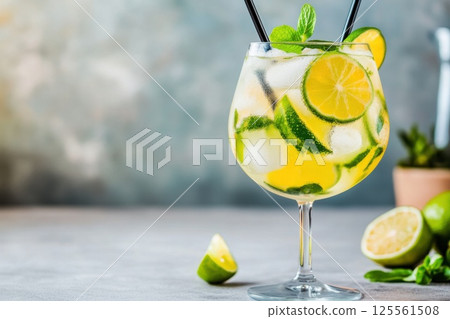 Refreshing gin and tonic with ice and lime in a modern setting perfect for summer gatherings Refreshing gin and tonic with ice and lime in a modern setting perfect for summer gatherings 125561508