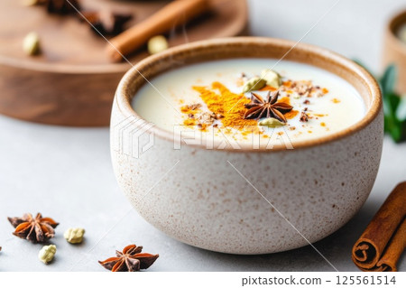 Cozy chai tea with spices enhances warm moments in a serene setting 125561514