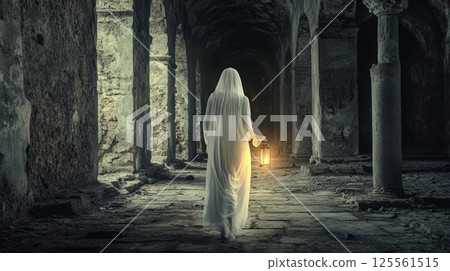 Mysterious ghost wandering through dark, ancient ruins while holding a flickering lantern, casting eerie shadows and creating a haunting atmosphere filled with secrets and enigma 125561515