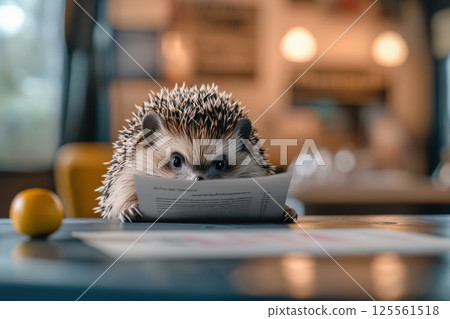 Hedgehog studies menu at restaurant table with keen interest in dining choices 125561518