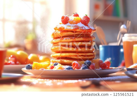 Family gathers around sunny dining table to enjoy delicious breakfast with pancakes and fruit 125561521