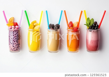 Colorful bubble tea drinks with toppings and straws on a bright white background 125561523