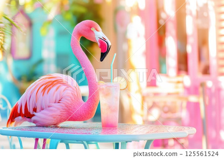 Flamingo enjoys a refreshing drink at a vibrant outdoor cafe table on a sunny day Flamingo enjoys a refreshing drink at a vibrant outdoor cafe table on a sunny day 125561524