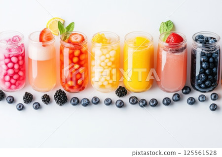 Colorful bubble tea creations with fresh toppings and tapioca pearls on a minimal background Colorful bubble tea creations with fresh toppings and tapioca pearls on a minimal background 125561528
