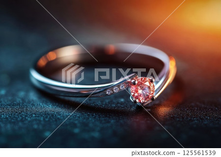 Delicate silver ring with small gemstone glistening under soft lighting in minimal setting 125561539