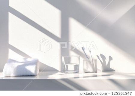Bright and Simple Bathroom Countertop with Essential Items and Space for Text 125561547