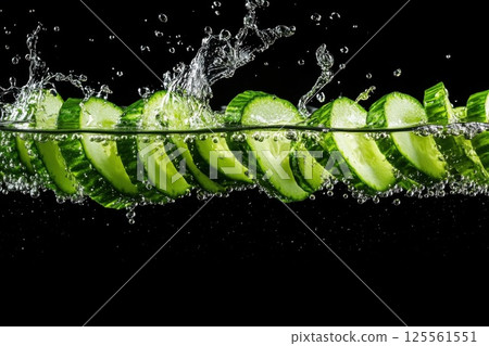 Sparkling water with fresh cucumber slices creating a refreshing and vibrant effect Sparkling water with fresh cucumber slices creating a refreshing and vibrant effect 125561551